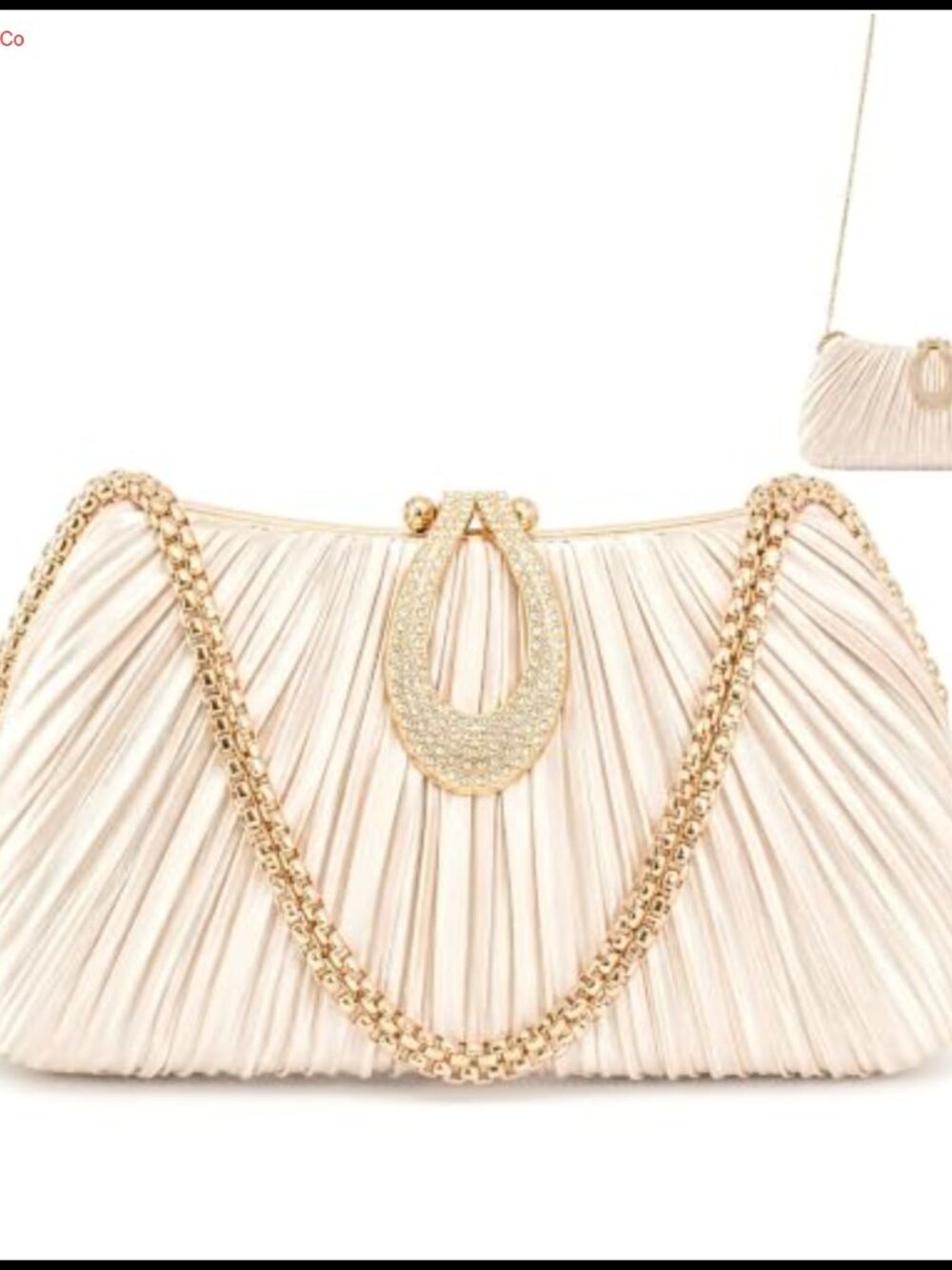 Pleated Satin Evening Clutch with Detachable Chain & Rhinestone Clasp